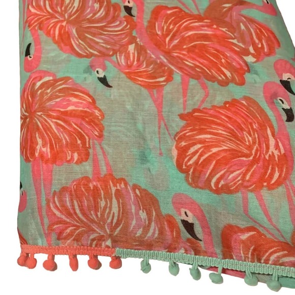 MISSSHORTHAIR Scarf Wrap Dancing Pink Flamingo Mint background pom-pom fringe - Picture 7 of 7